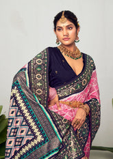 Shop Elegant Baby Pink Cotton Silk Chevron Print Saree